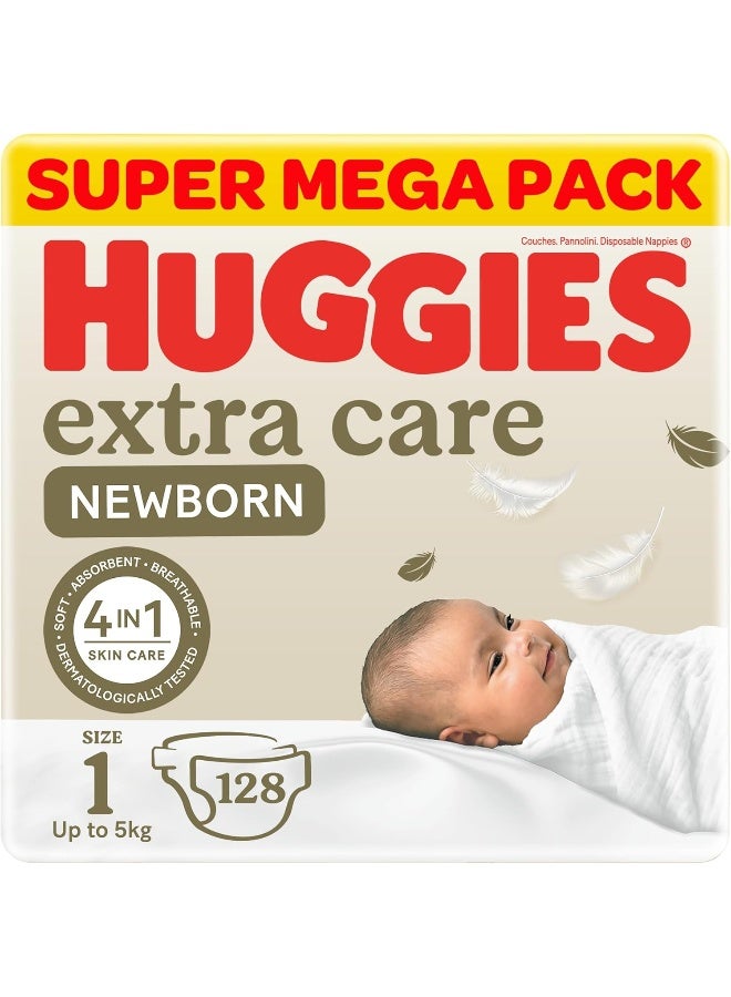 Huggies Extra Care Newborn, Size 1, Up to 5 kg, Twin Jumbo Pack, 128 Diapers - Image 1
