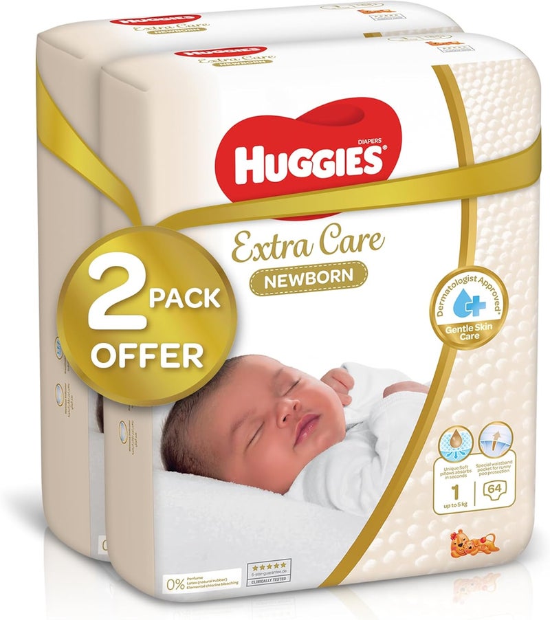 Huggies Extra Care Newborn, Size 1, Up to 5 kg, Twin Jumbo Pack, 128 Diapers - Image 2