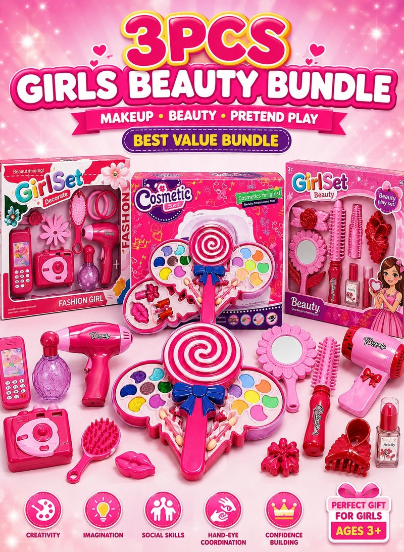 3PCS Girls Beauty Makeup Toy Bundle Set | Candy Makeup Kit + Fashion Beauty Accessories Play Set for Girls Ages 3+ - Image 1