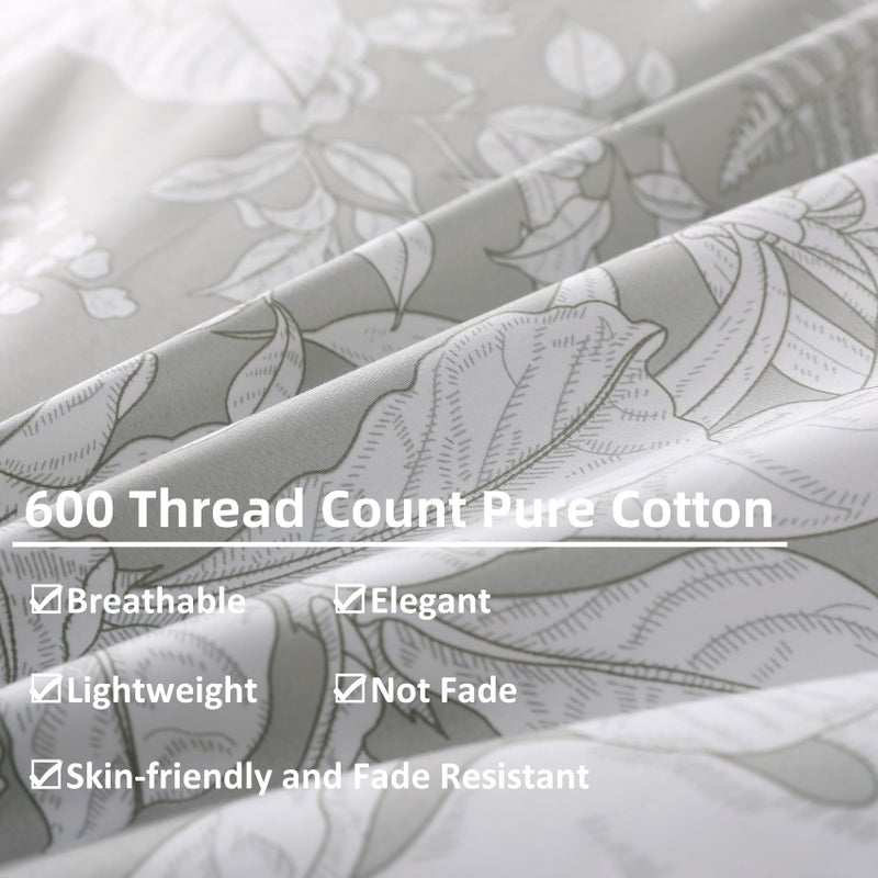 OAITE Duvet Cover Set Twin Size Floral Pattern 600 Thread Count Ultra Soft 100% Long Staple Cotton Duvet Cover Sets 3-PC  Breathable Duvet Cover with Zipper Closure & Corner Ties - Image 5