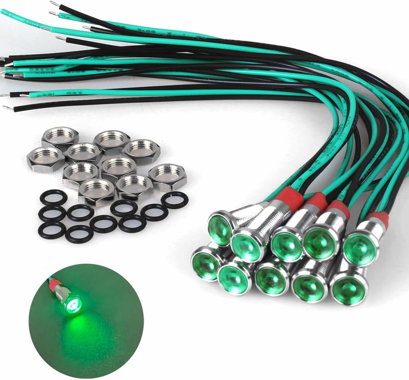 DMWD 10Pcs 6mm (1/4") Energy Saving LED Indicator Light 110V-220V 20mA Metal Waterproof Wide Flat Head Signal Lamp Pilot Dash Directional with Wire （Green LED） - Image 1