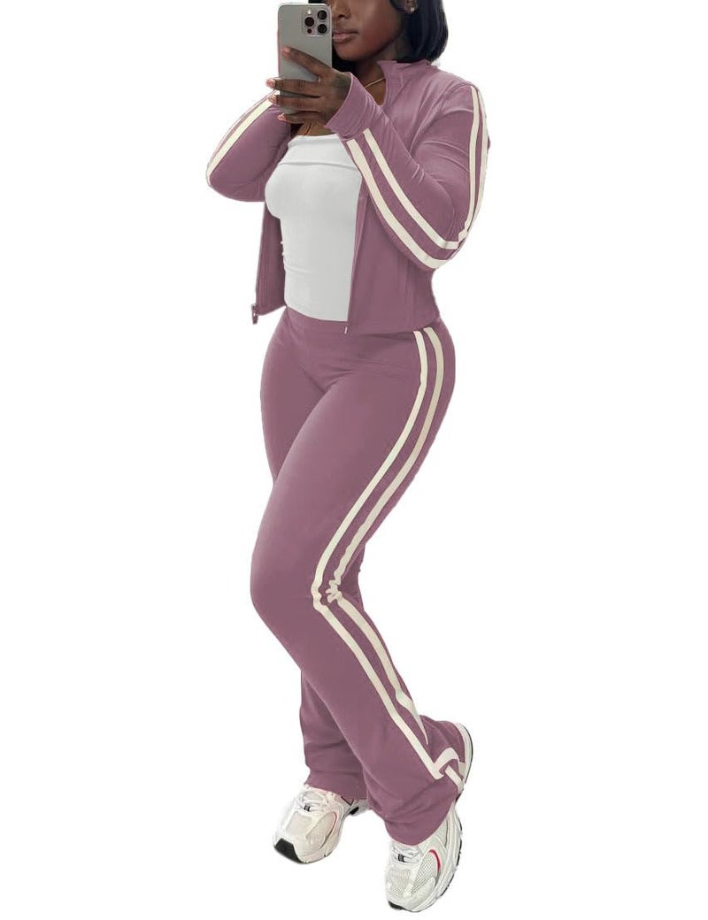 HBQ Women's 2 Piece Sweatsuit Sets Zip Up Crop Tops and Flare Pants Casual Striped Tracksuit Jogger Loungewear Set-Grey Purple-M - Image 1