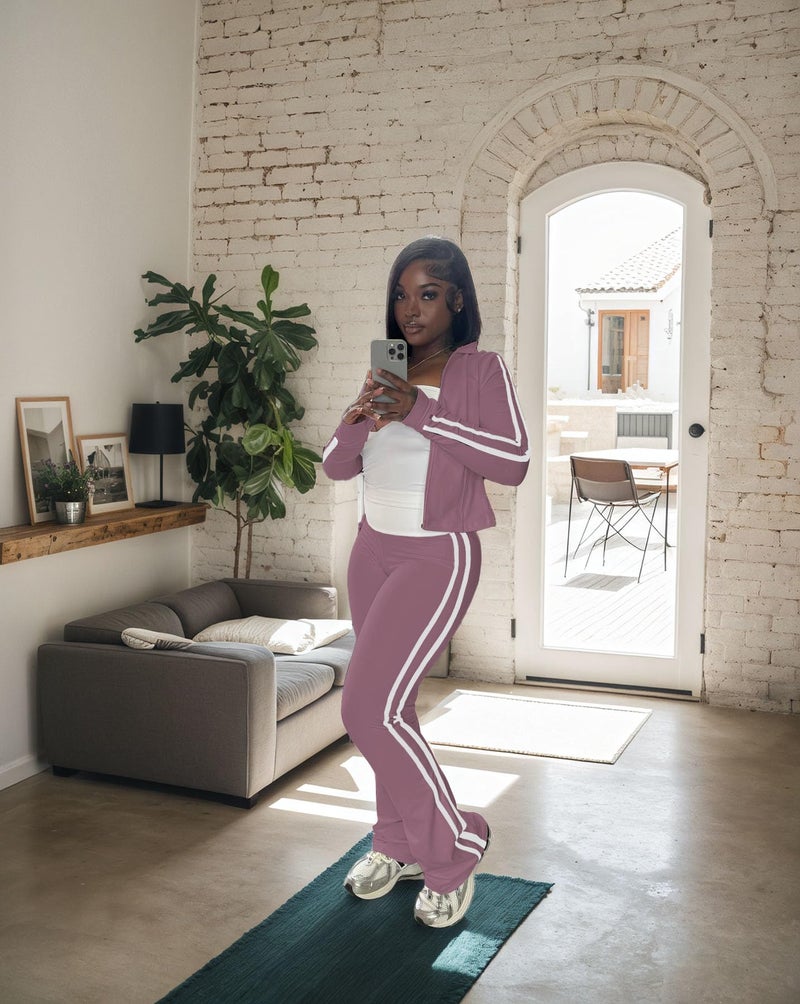 HBQ Women's 2 Piece Sweatsuit Sets Zip Up Crop Tops and Flare Pants Casual Striped Tracksuit Jogger Loungewear Set-Grey Purple-M - Image 2