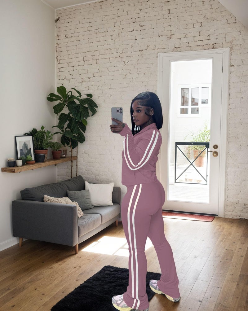 HBQ Women's 2 Piece Sweatsuit Sets Zip Up Crop Tops and Flare Pants Casual Striped Tracksuit Jogger Loungewear Set-Grey Purple-M - Image 3