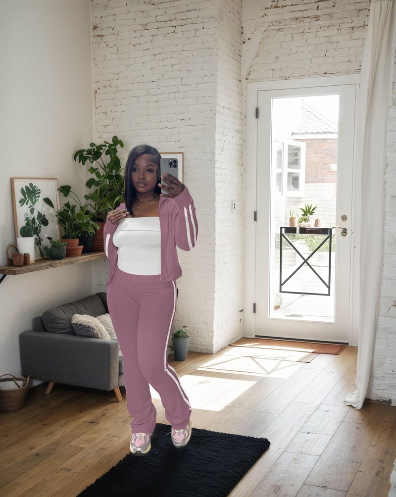 HBQ Women's 2 Piece Sweatsuit Sets Zip Up Crop Tops and Flare Pants Casual Striped Tracksuit Jogger Loungewear Set-Grey Purple-M - Image 4