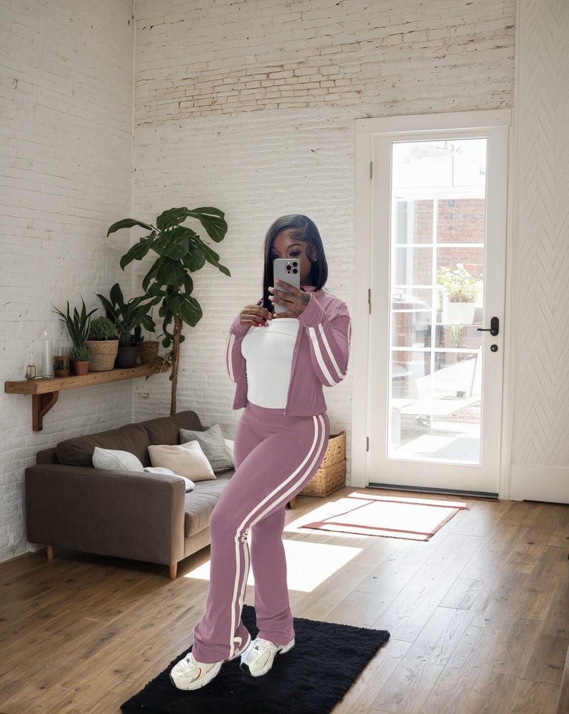 HBQ Women's 2 Piece Sweatsuit Sets Zip Up Crop Tops and Flare Pants Casual Striped Tracksuit Jogger Loungewear Set-Grey Purple-M - Image 5