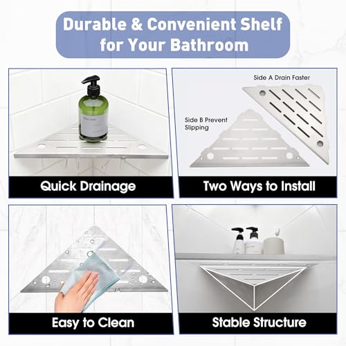 goodleben Shower Corner Shelf, 10'' Corner Shower Shelf with Towel Bar & Hooks, 2-Pack 304 Stainless Steel Recessed Bathroom Shelves, No Drilling for Tiled Wall (Brushed Nickel) - Image 5