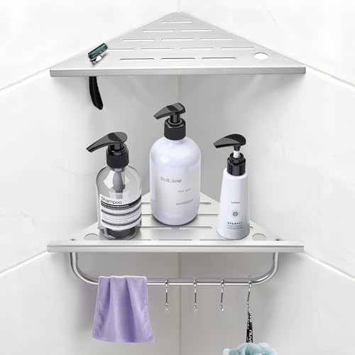 goodleben Shower Corner Shelf, 10'' Corner Shower Shelf with Towel Bar & Hooks, 2-Pack 304 Stainless Steel Recessed Bathroom Shelves, No Drilling for Tiled Wall (Brushed Nickel) - Image 1
