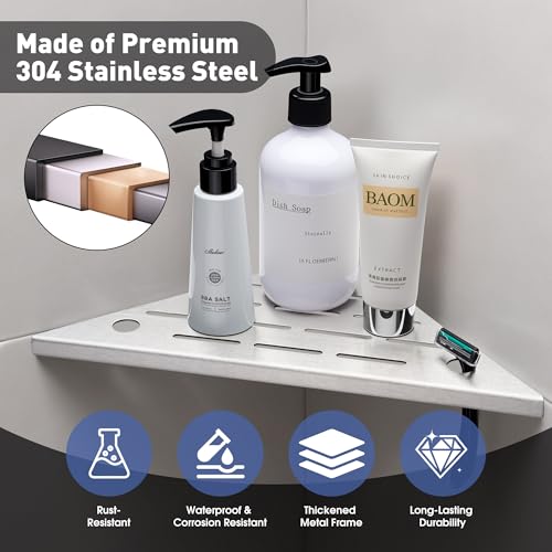 goodleben Shower Corner Shelf, 10'' Corner Shower Shelf with Towel Bar & Hooks, 2-Pack 304 Stainless Steel Recessed Bathroom Shelves, No Drilling for Tiled Wall (Brushed Nickel) - Image 2