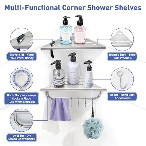 goodleben Shower Corner Shelf, 10'' Corner Shower Shelf with Towel Bar & Hooks, 2-Pack 304 Stainless Steel Recessed Bathroom Shelves, No Drilling for Tiled Wall (Brushed Nickel) - Image 3