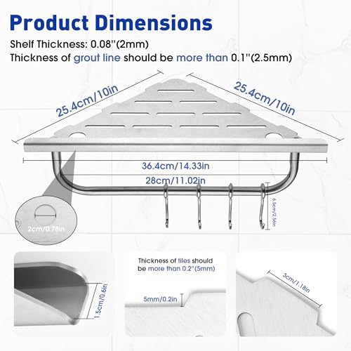 goodleben Shower Corner Shelf, 10'' Corner Shower Shelf with Towel Bar & Hooks, 2-Pack 304 Stainless Steel Recessed Bathroom Shelves, No Drilling for Tiled Wall (Brushed Nickel) - Image 4