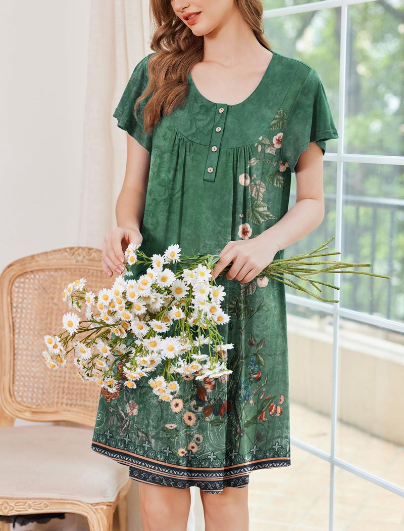 Ekouaer House Dress for Women with Pockets Short Sleeve Moo Moos Plus Size Nightgowns Floral Print Mumu Dresses Floral Green XX-Large - Image 4