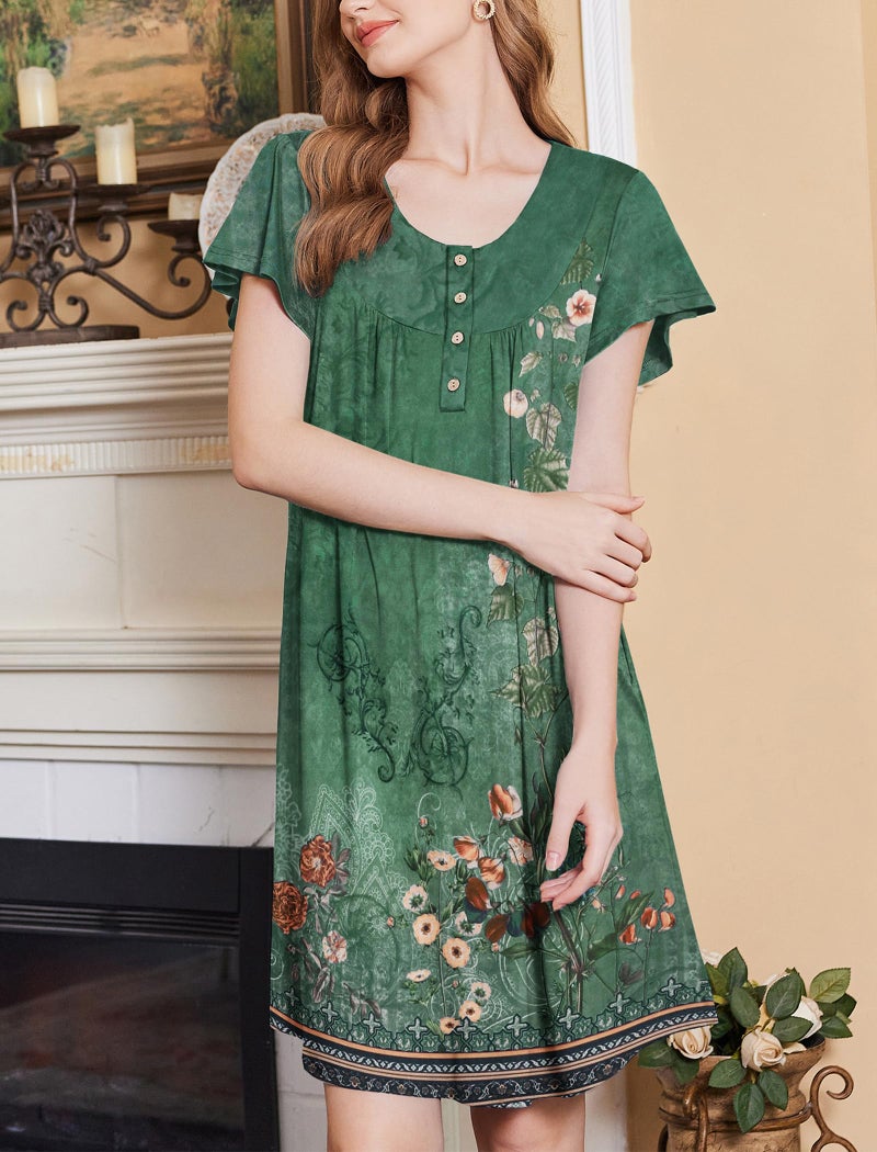 Ekouaer House Dress for Women with Pockets Short Sleeve Moo Moos Plus Size Nightgowns Floral Print Mumu Dresses Floral Green XX-Large - Image 3