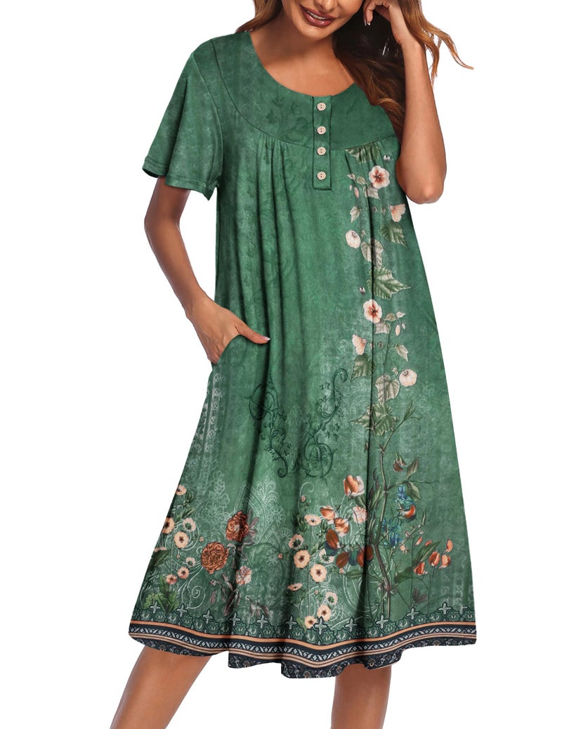 Ekouaer House Dress for Women with Pockets Short Sleeve Moo Moos Plus Size Nightgowns Floral Print Mumu Dresses Floral Green XX-Large - Image 1