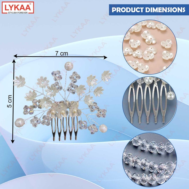 LYKAA Korean Stylish Pearls Hair Clips for Women, Girls And Bridal Rhinestones Bun Hair pin, Side Pin, Comb Pin, Juda Pin For Hair Decoration, Wedding & Party Hair Accessories - Pack Of 1 Silver - Image 3