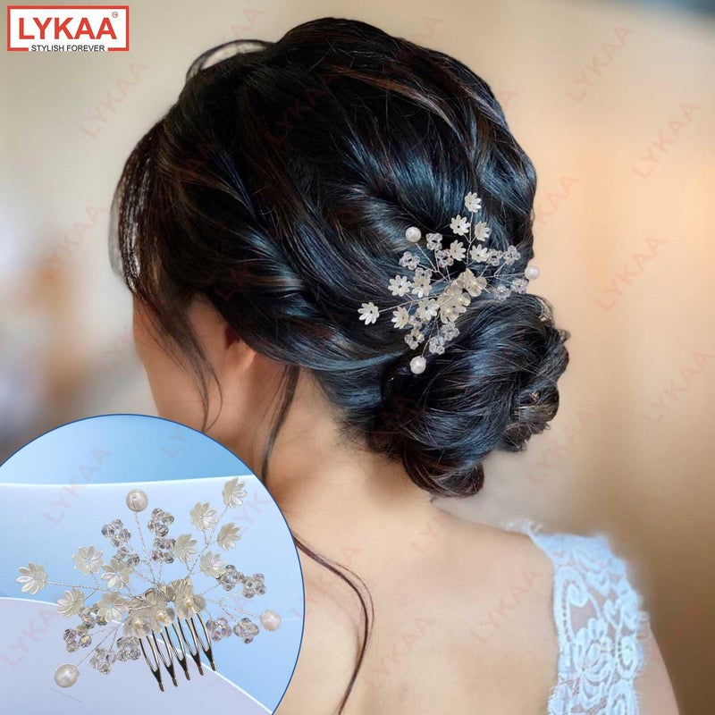LYKAA Korean Stylish Pearls Hair Clips for Women, Girls And Bridal Rhinestones Bun Hair pin, Side Pin, Comb Pin, Juda Pin For Hair Decoration, Wedding & Party Hair Accessories - Pack Of 1 Silver - Image 2