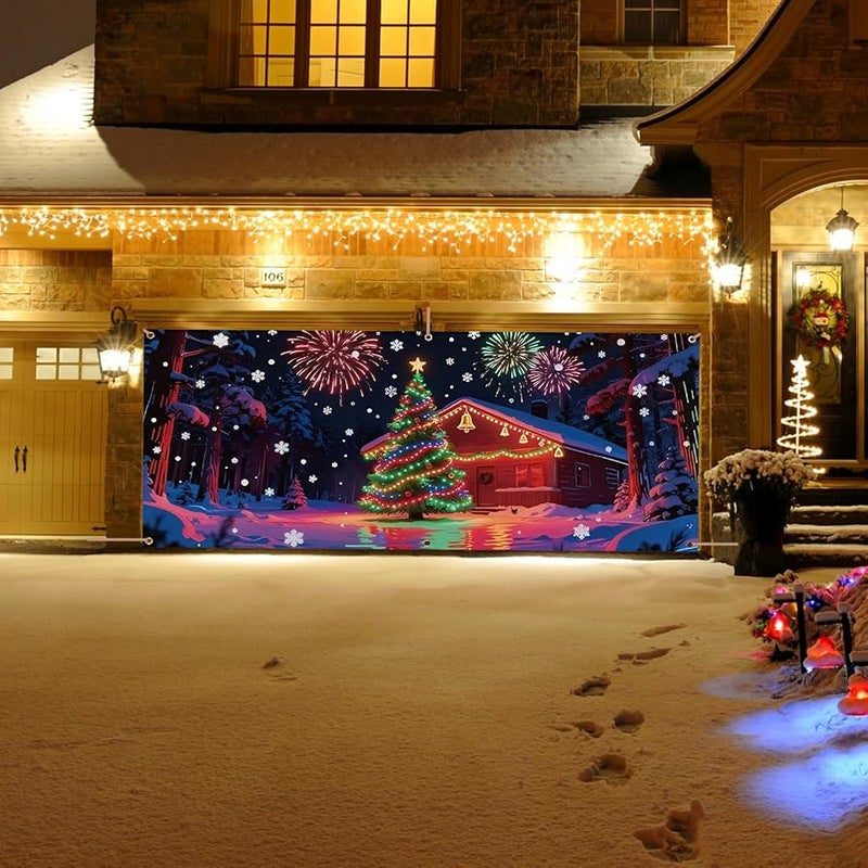أسلوب لافتة باب المرآب لعيد الميلاد مقاس 13 × 6 قدم، مزينة بالأشعة فوق البنفسجية الفلورية، للزينة الخارجية في العطلات، مقاومة للعوامل الجوية - Image 3