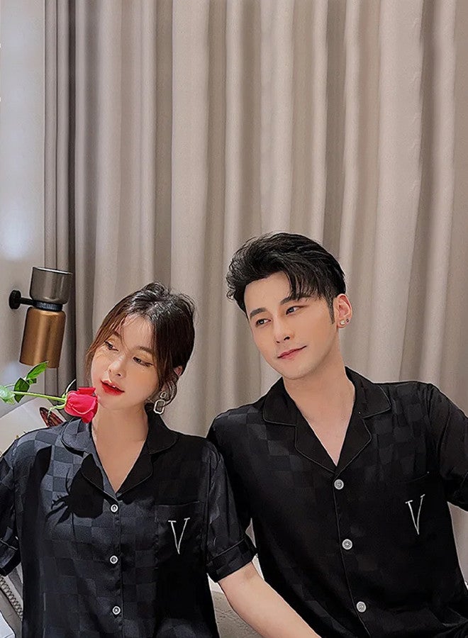 MARGOUN Pajama XXL Men XL Women Pajamas Houndstooth Ice Silk Homewear Sleep Suit Nightwear Short Sleeve Sleepwear Black - Image 5