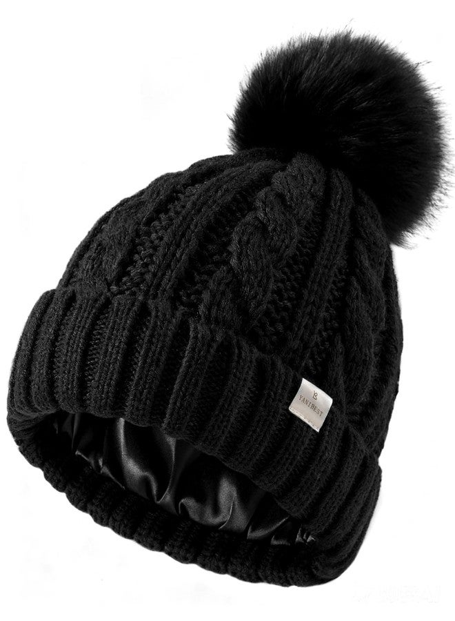 يانيبست قبعات شتوية نسائية من ياني بيست، قبعة صوفية مبطنة بالساتان، قبعة تزلج دافئة وناعمة مع حافة مزينة بكرة صوفية، لون أسود - Image 1