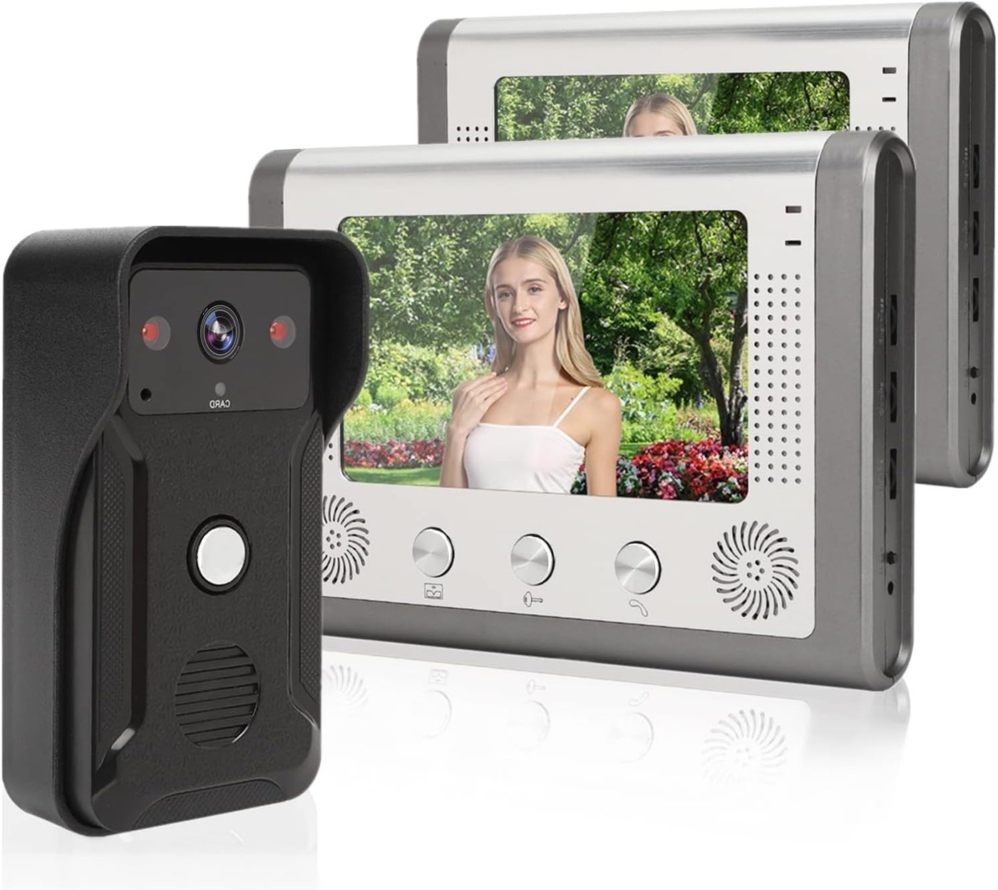 OUKA Video Door Phone Intercom Doorbell System with 1 pcs Night Vision Camera and 2 pcs 7 Inches Monitors, Support Monitoring, Unlock, Comes with 7 ID Cards(US)