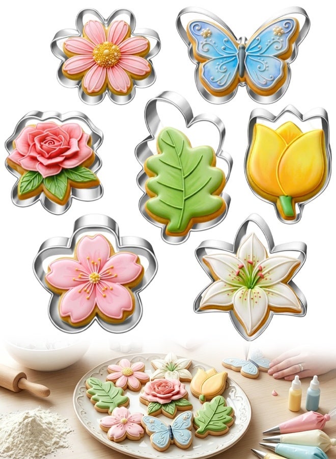 7 Piece Flower Leaf Butterfly Cookie Cutter Set, Daisy Lily Rose Tulip Oak Leaf Shapes, Stainless Steel Biscuit Fondant Cutters For Baking, Cake Decorating, DIY Pastry - Image 1