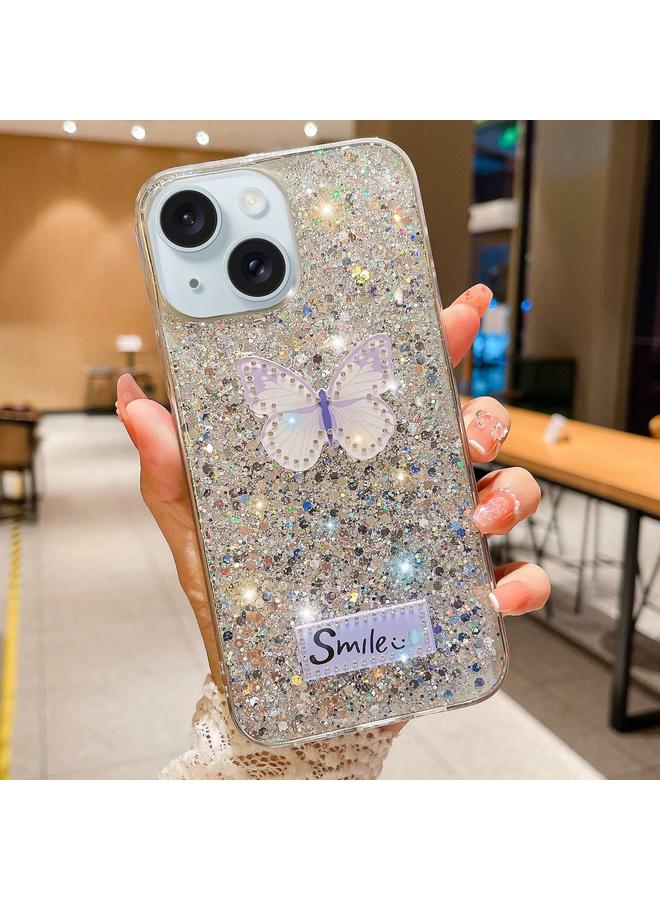 اس-توب جراب هاتف iPhone 13 مرصع بالنجوم وأحجار الراين والفراشات من مادة TPU الإيبوكسي - Image 1