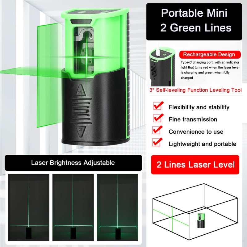 Single-Module Rechargeable Level Machine Mini Green Light 2 Lines Level Home Multifunctional Level Meter Three Levels of Light Brightness Adjustable with Anti-Drop Slide Cover Switch and Level Bubble - Image 3
