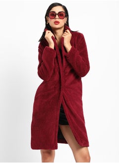 Campus Sutra Women's Burdundy Red Single-Breasted Fleece Long Coat  - Image 1