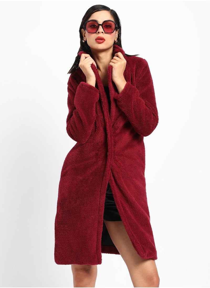 Campus Sutra Women's Burdundy Red Single-Breasted Fleece Long Coat  - Image 1