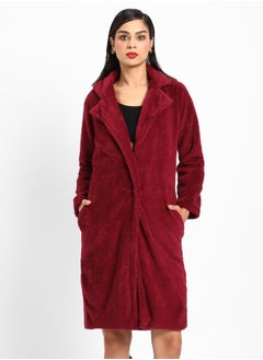 Campus Sutra Women's Burdundy Red Single-Breasted Fleece Long Coat  - Image 2