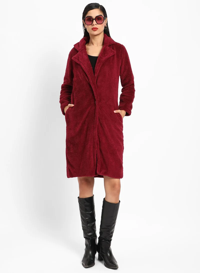 Campus Sutra Women's Burdundy Red Single-Breasted Fleece Long Coat