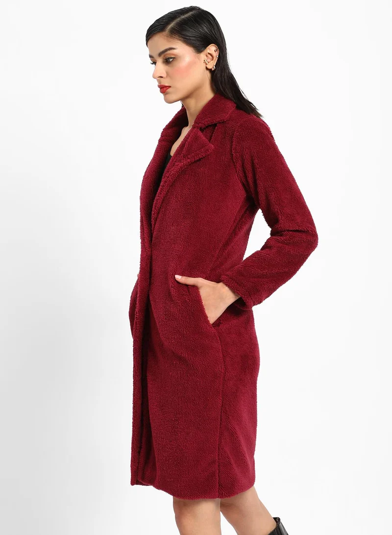 Campus Sutra Women's Burdundy Red Single-Breasted Fleece Long Coat
