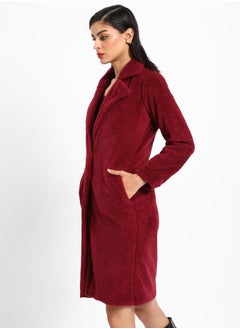 Campus Sutra Women's Burdundy Red Single-Breasted Fleece Long Coat  - Image 3