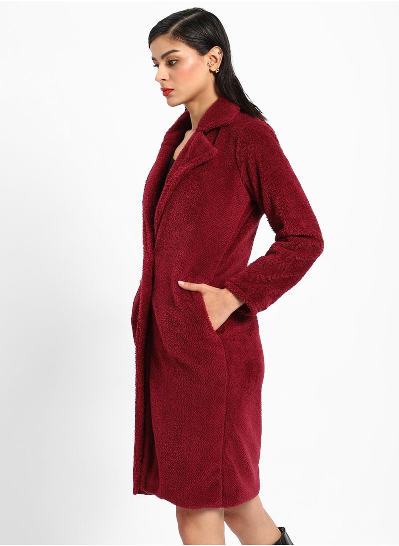 Campus Sutra Women's Burdundy Red Single-Breasted Fleece Long Coat  - Image 3