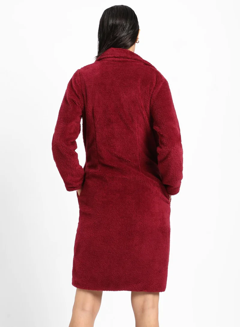 Campus Sutra Women's Burdundy Red Single-Breasted Fleece Long Coat