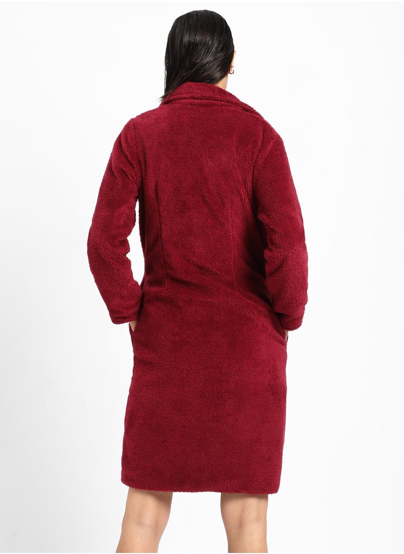 Campus Sutra Women's Burdundy Red Single-Breasted Fleece Long Coat  - Image 5