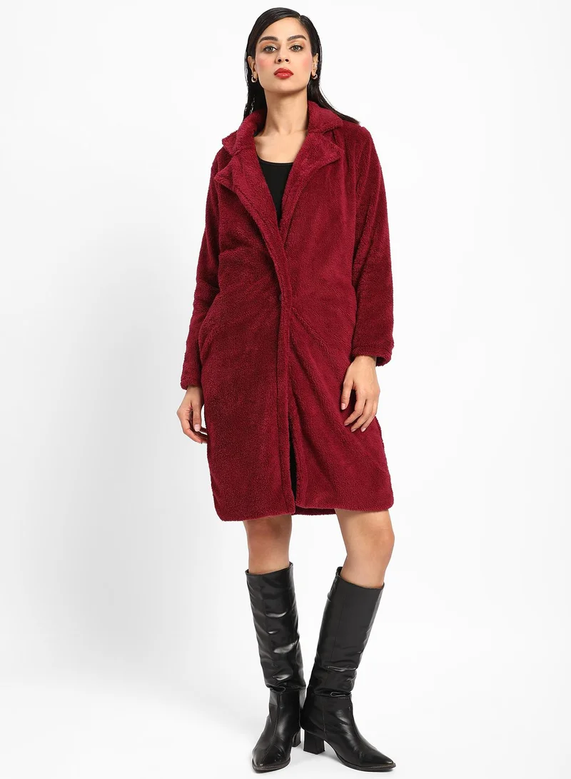 Campus Sutra Women's Burdundy Red Single-Breasted Fleece Long Coat