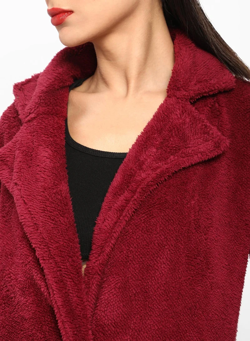 Campus Sutra Women's Burdundy Red Single-Breasted Fleece Long Coat