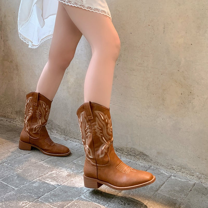Soft Leather White Boots Western Boots Vintage Embroidered Cowboy Boots Women'S Mid-Boots With Skirt Boots - Image 2