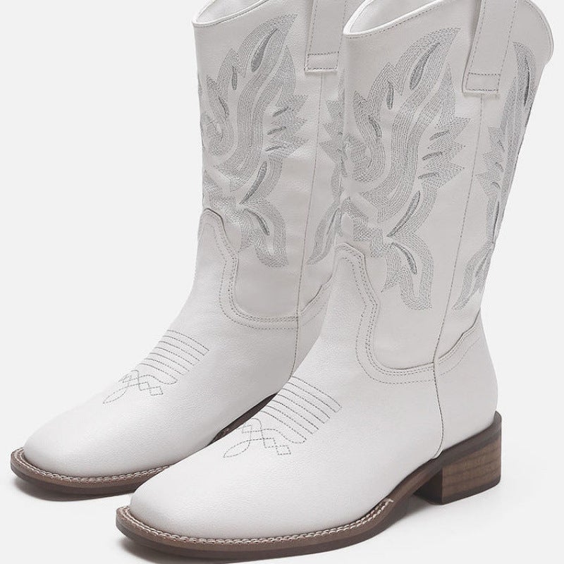 Soft Leather White Boots Western Boots Vintage Embroidered Cowboy Boots Women'S Mid-Boots With Skirt Boots - Image 1