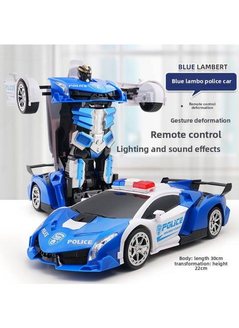 One-key Deformation Remote Control Car 2.4G Gesture Induction King Kong Robot Children's Toy Racing Generation Batch Cross-border-Color:Blue Rambo Police Car [Remote Deformation + Gesture Induction] 1:14