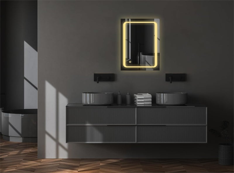 مرآة LED مربعة GWEN للحوض مرآة مضاءة مثبتة على الحائط للمدخل والحمام بحجم 18 × 24 بوصة مؤطرة