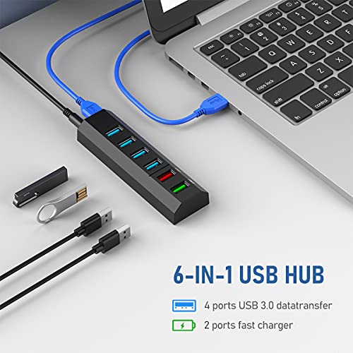 Aiibe Powered USB Hub, Aiibe 8-Port USB Hub 3.0 Powered USB Splitter with 2 Fast Charging Ports + 12V/3A Power Adapter + USB 3.0 Cable, USB Hub Powered 36W Adapter for Laptop, Mac, PC, Mobile HDD (Black) - Image 2