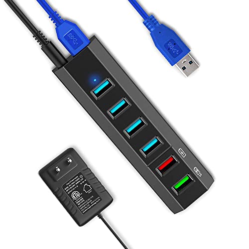 Aiibe Powered USB Hub, Aiibe 8-Port USB Hub 3.0 Powered USB Splitter with 2 Fast Charging Ports + 12V/3A Power Adapter + USB 3.0 Cable, USB Hub Powered 36W Adapter for Laptop, Mac, PC, Mobile HDD (Black) - Image 1