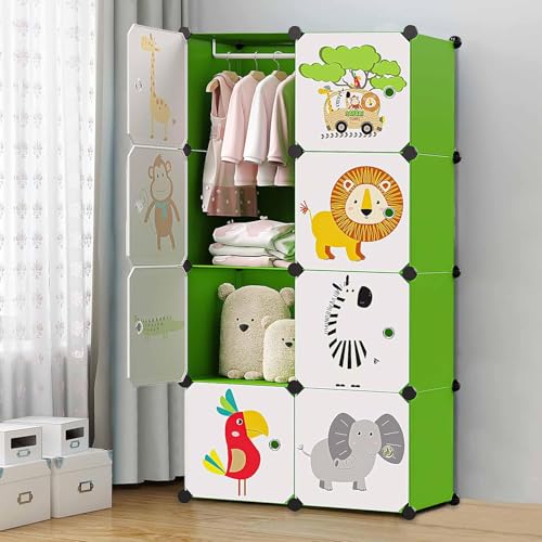 LUHI Plastic Wardrobe for Kids Clothes – Durable, Easy to Use Anti-Skid & Non-Slip Effective Professional Collapsible Wardrobe, Plastic Cupboard for Kids, Foldable Almirah (Green-HI, 8-Door) - Image 1