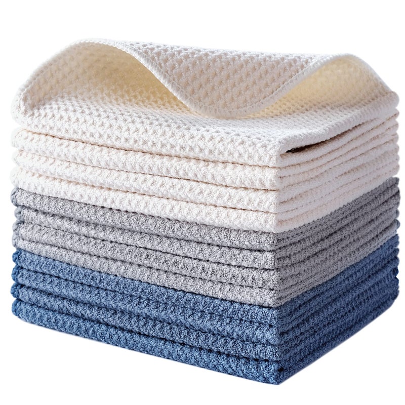 POLYTE Premium Microfiber Kitchen Dish Cloth Waffle Weave 12 Pack 12x12 in Dark Blue Gray Off White