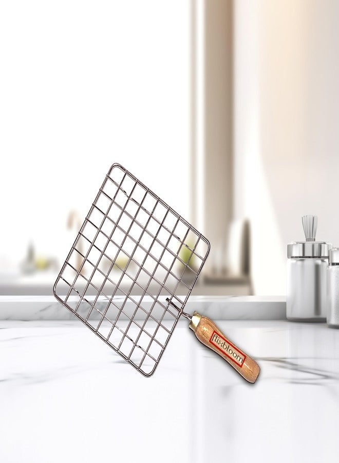Flixbloom Select Wire Square Wooden Handle Roaster Papad Jali, Paneer Grill, Roti Maker, Barbeque Jaali, Chapati Toast Grill Accessories Fish Burner Papad Jali Paneer Tandoor Net (Square Shape) - Image 1