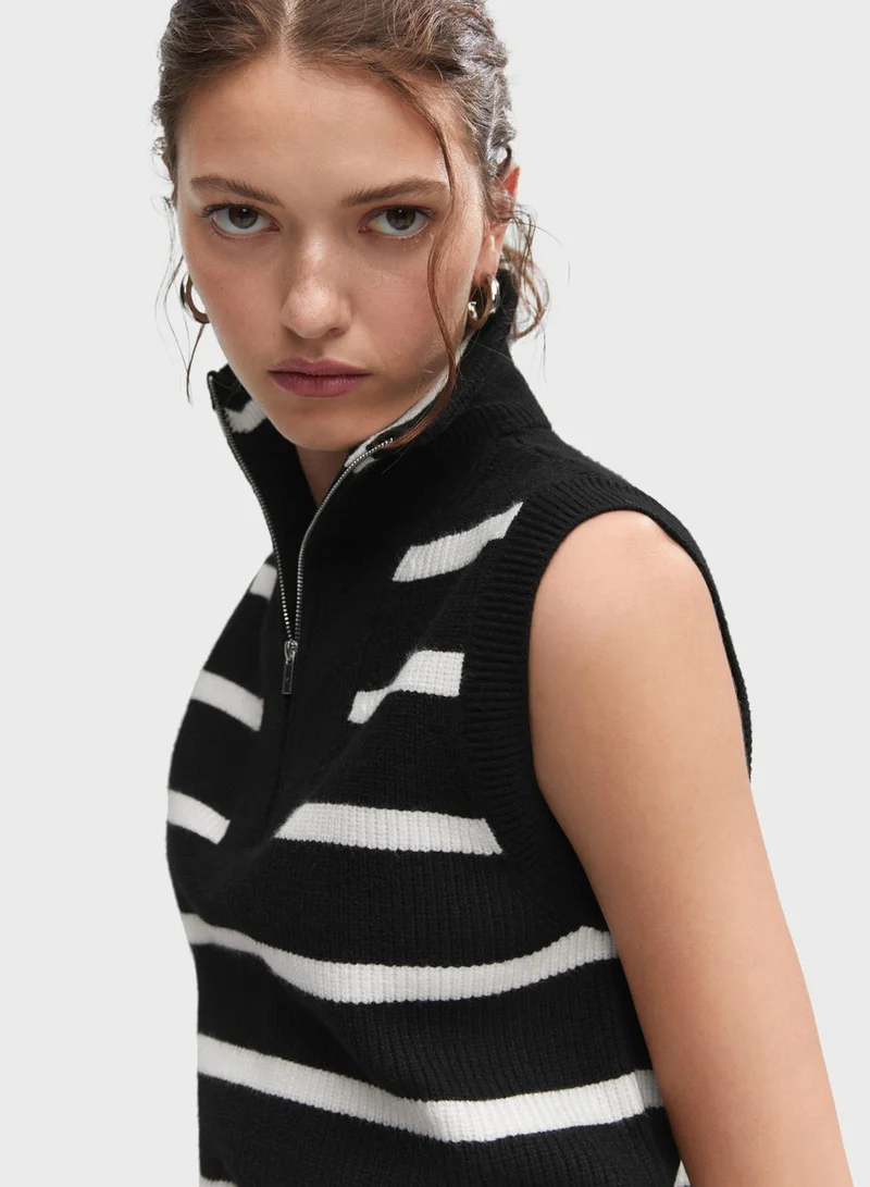 MANGO Zip Neck Striped Gilet