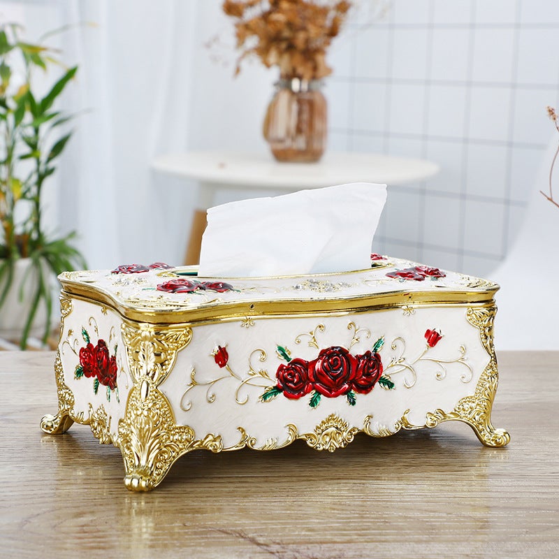 Generic Large Gold Napkin Holder Creative Plastic Tissue Box Golden White Rose