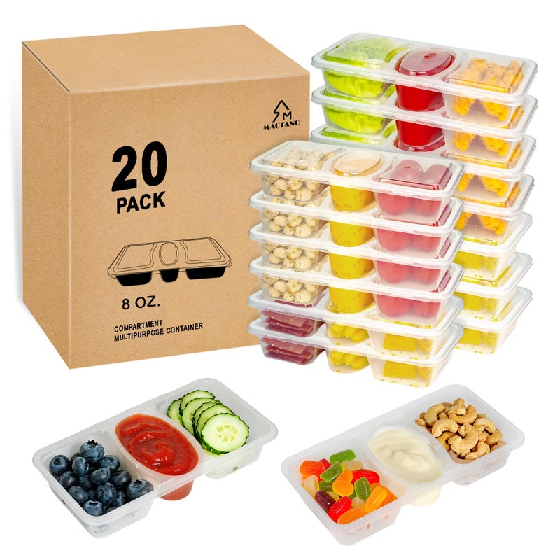 MACTANO 8 OZ Reusable Snack Containers with Lids, New 3 Compartment Condiment Snack Pack Containers 20 Sets - Image 1